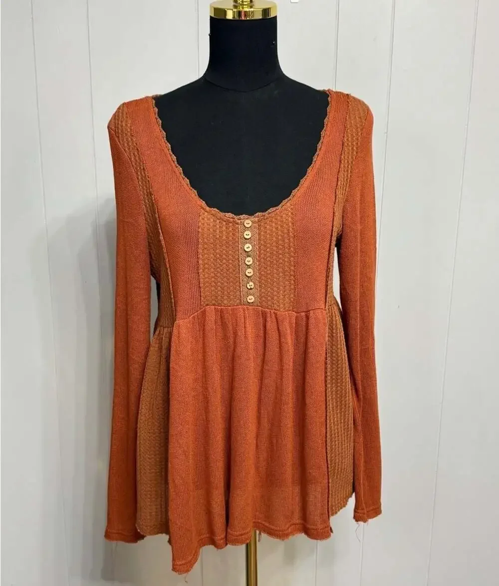 Free People Blue Bird Tunic Peasant Top Burnt Orange Sz Large